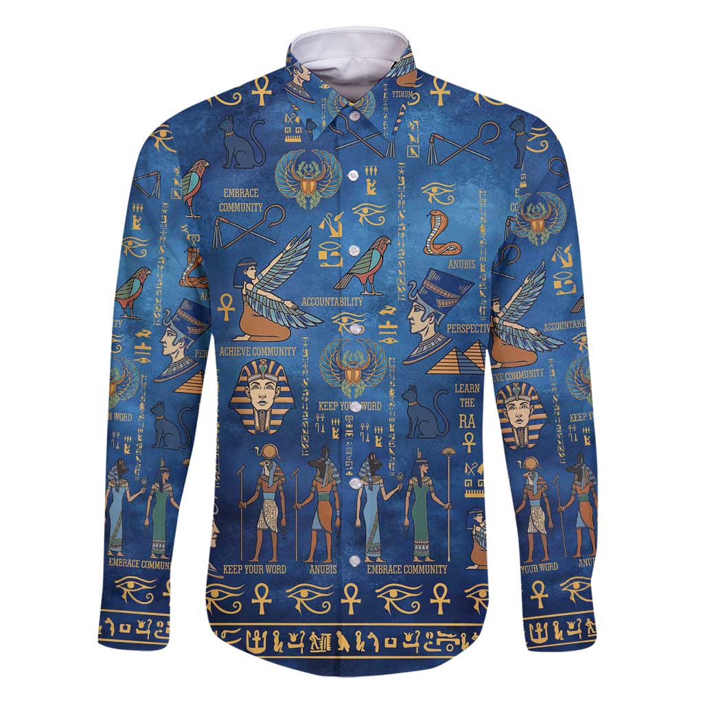 Echoes of Kemet Family Matching Long Sleeve Bodycon Dress and Hawaiian Shirt African Pharaohs, Anubis and Symbolic Motifs - Wonder Print Shop