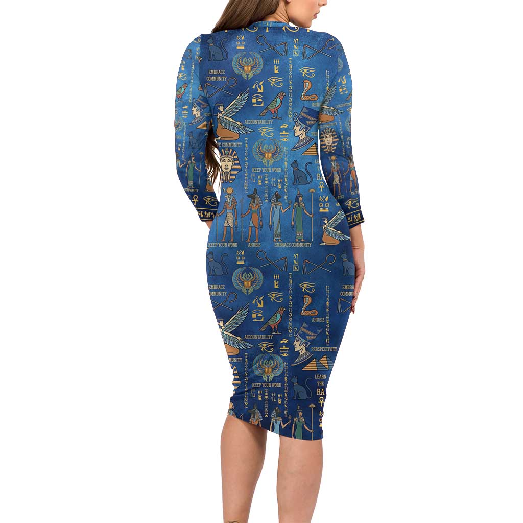 Echoes of Kemet Family Matching Long Sleeve Bodycon Dress and Hawaiian Shirt African Pharaohs, Anubis and Symbolic Motifs - Wonder Print Shop