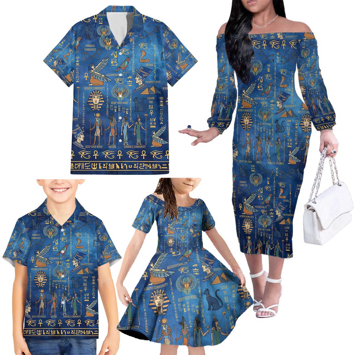 Echoes of Kemet Family Matching Off The Shoulder Long Sleeve Dress and Hawaiian Shirt African Pharaohs, Anubis and Symbolic Motifs - Wonder Print Shop