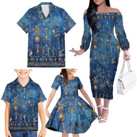 Echoes of Kemet Family Matching Off The Shoulder Long Sleeve Dress and Hawaiian Shirt African Pharaohs, Anubis and Symbolic Motifs - Wonder Print Shop
