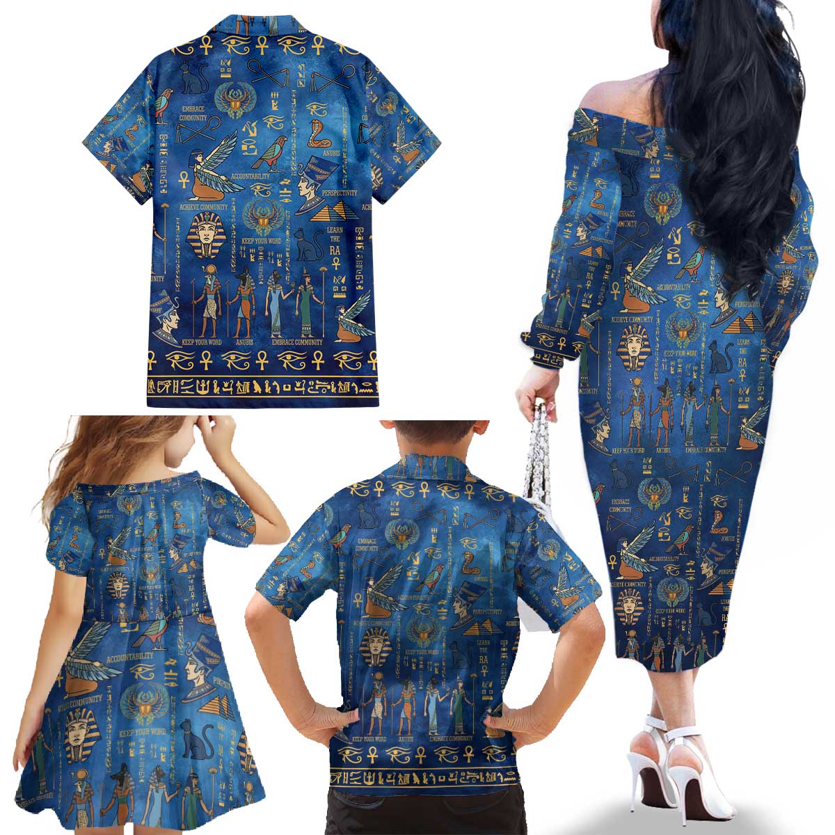 Echoes of Kemet Family Matching Off The Shoulder Long Sleeve Dress and Hawaiian Shirt African Pharaohs, Anubis and Symbolic Motifs - Wonder Print Shop