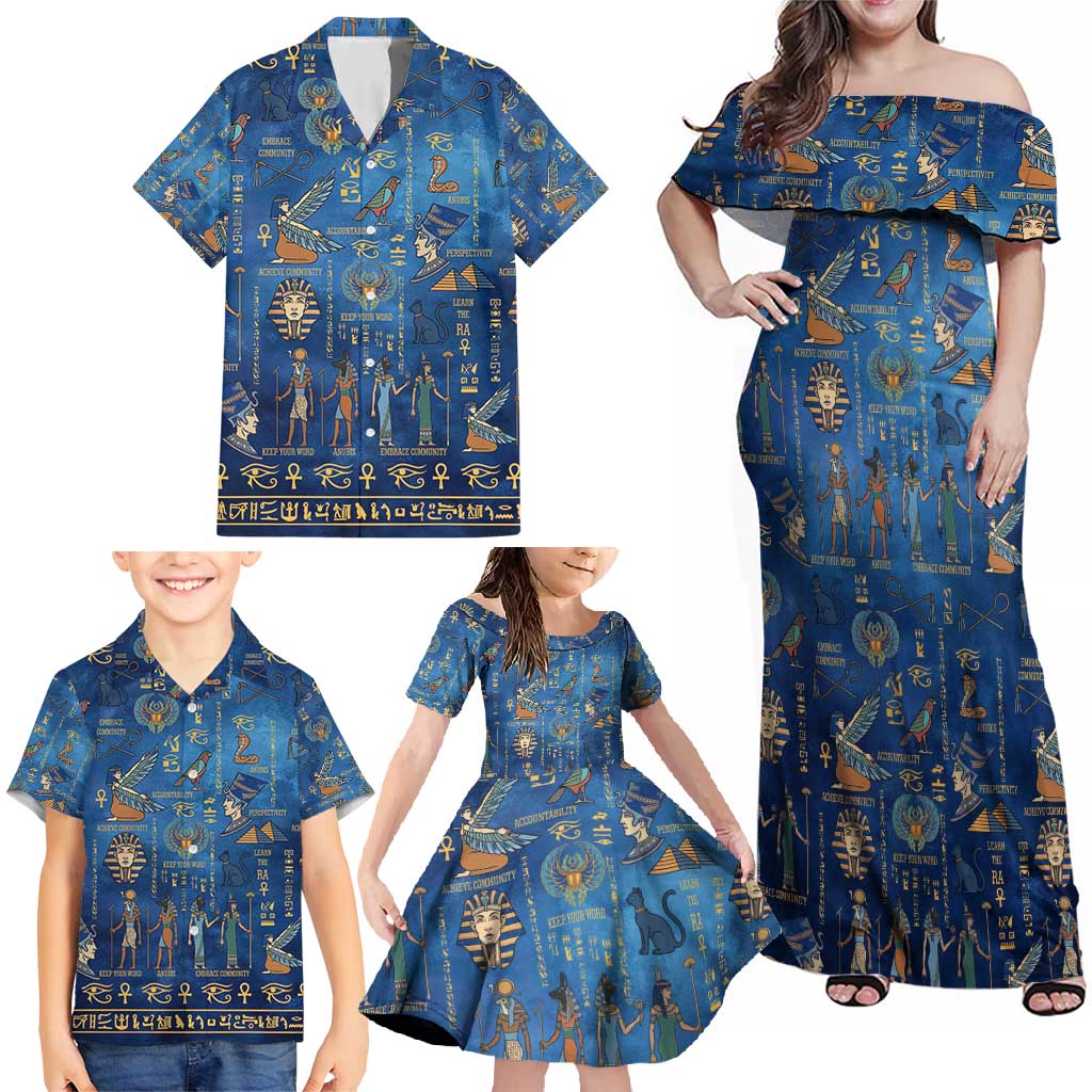 Echoes of Kemet Family Matching Off Shoulder Maxi Dress and Hawaiian Shirt African Pharaohs, Anubis and Symbolic Motifs - Wonder Print Shop