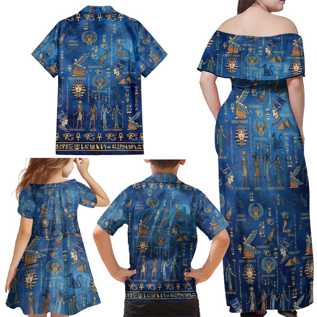 Echoes of Kemet Family Matching Off Shoulder Maxi Dress and Hawaiian Shirt African Pharaohs, Anubis and Symbolic Motifs - Wonder Print Shop