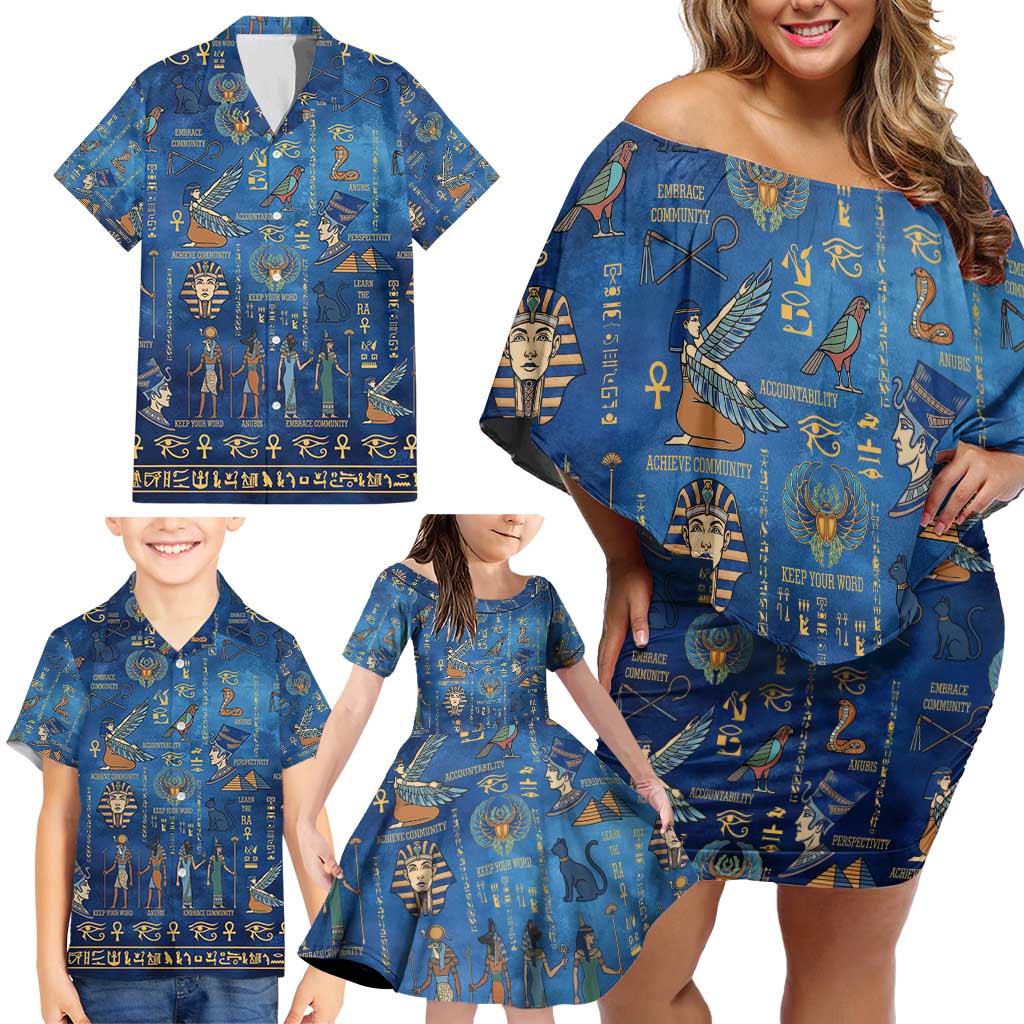 Echoes of Kemet Family Matching Off Shoulder Short Dress and Hawaiian Shirt African Pharaohs, Anubis and Symbolic Motifs - Wonder Print Shop
