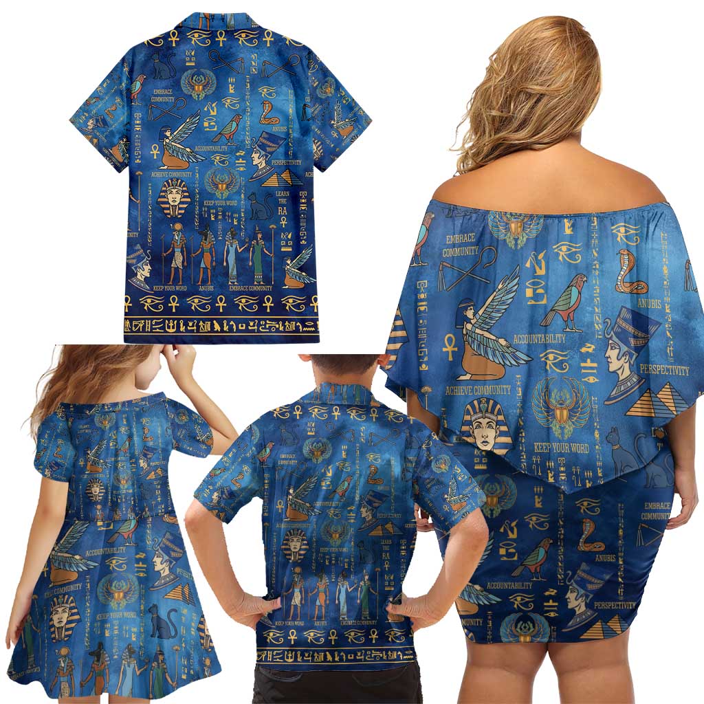 Echoes of Kemet Family Matching Off Shoulder Short Dress and Hawaiian Shirt African Pharaohs, Anubis and Symbolic Motifs - Wonder Print Shop