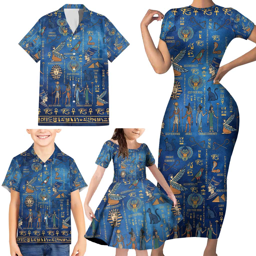 Echoes of Kemet Family Matching Short Sleeve Bodycon Dress and Hawaiian Shirt African Pharaohs, Anubis and Symbolic Motifs - Wonder Print Shop