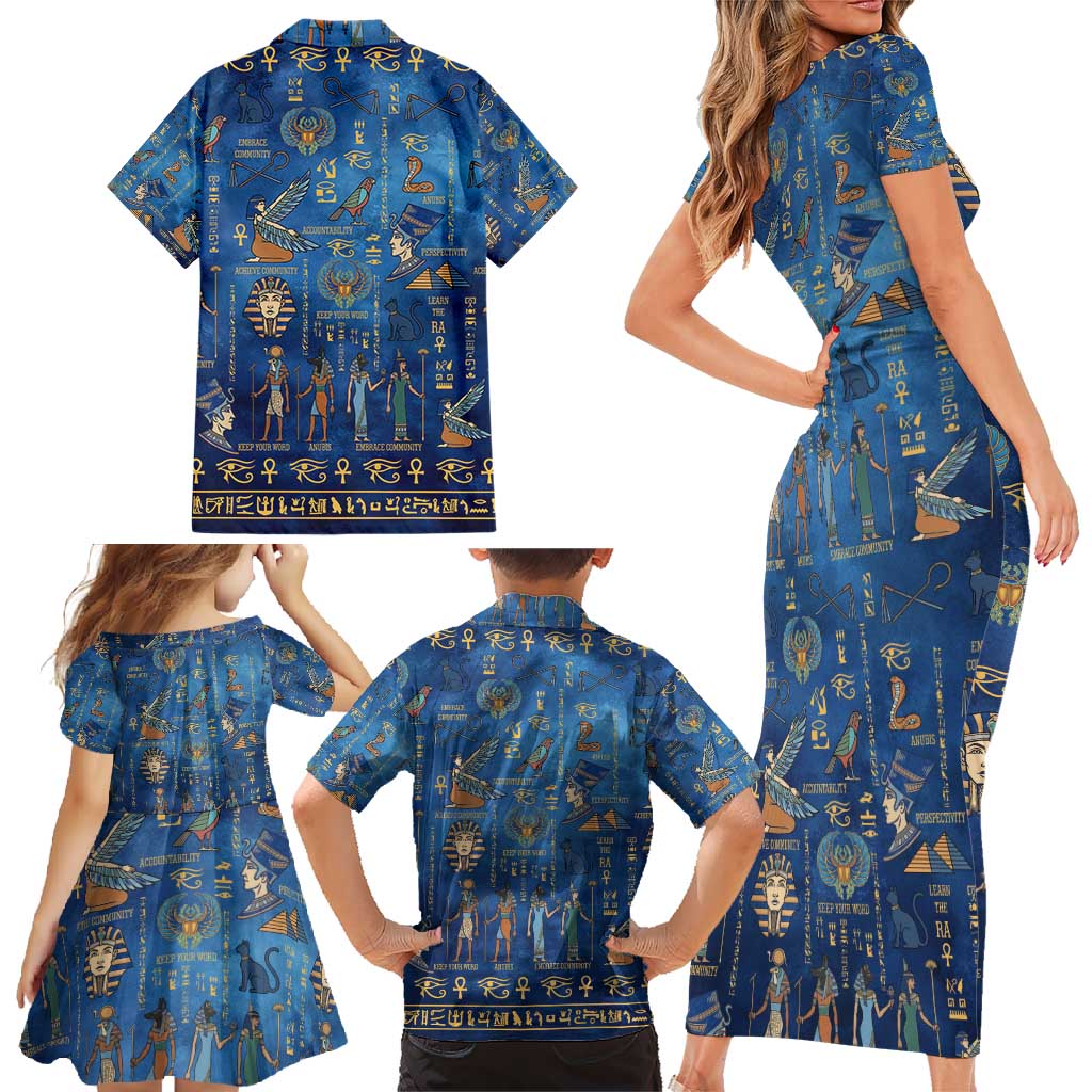 Echoes of Kemet Family Matching Short Sleeve Bodycon Dress and Hawaiian Shirt African Pharaohs, Anubis and Symbolic Motifs - Wonder Print Shop
