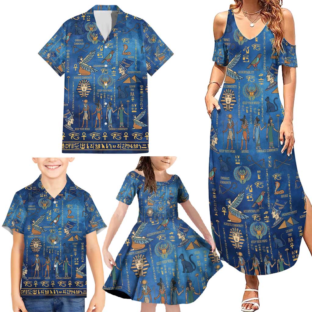 Echoes of Kemet Family Matching Summer Maxi Dress and Hawaiian Shirt African Pharaohs, Anubis and Symbolic Motifs - Wonder Print Shop