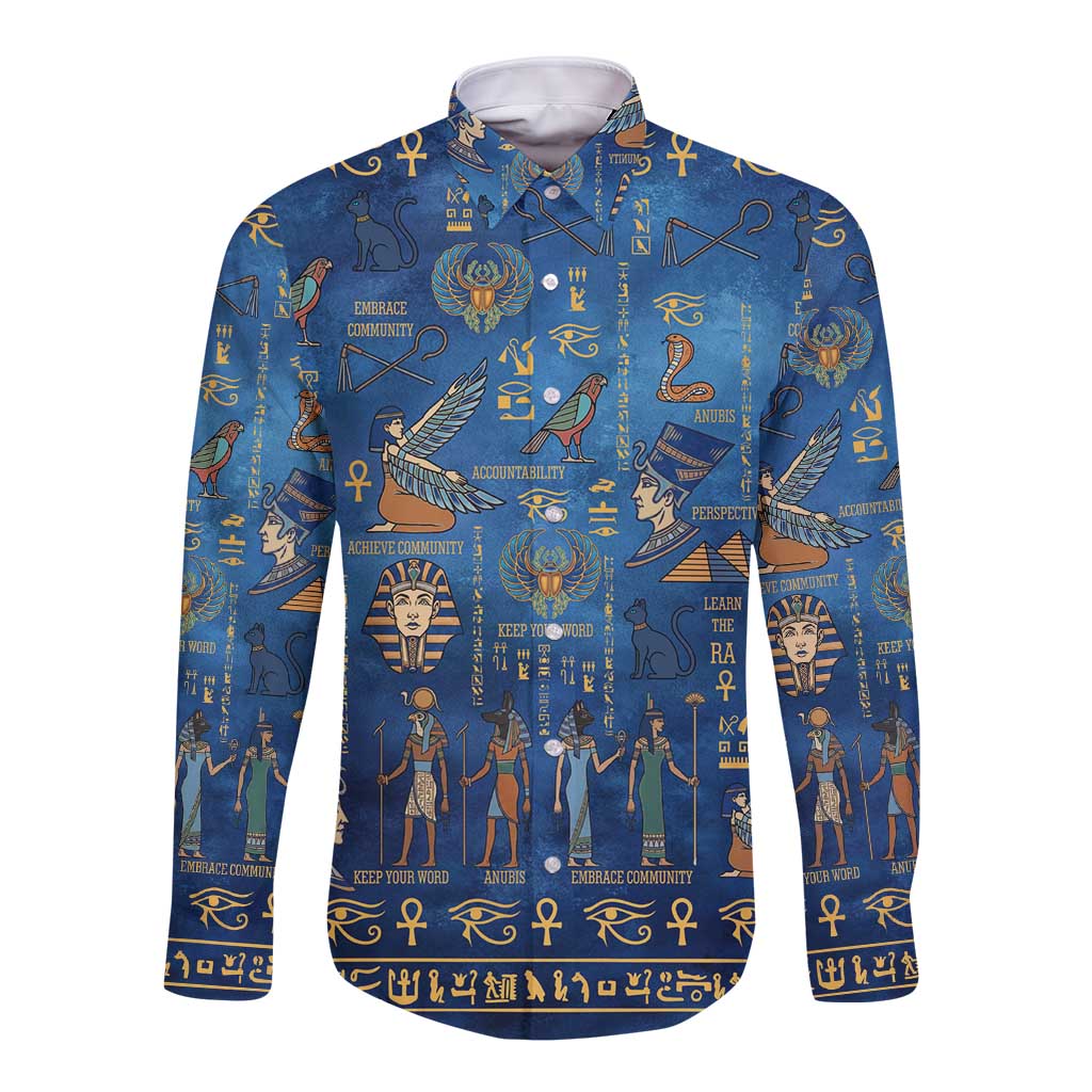 Echoes of Kemet Long Sleeve Button Shirt African Pharaohs, Anubis and Symbolic Motifs - Wonder Print Shop