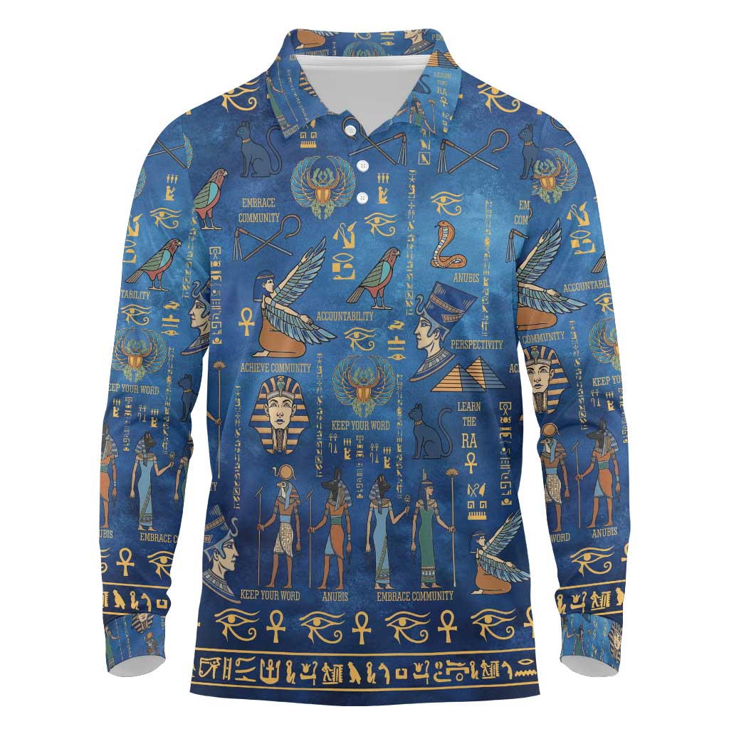Echoes of Kemet Long Sleeve Polo Shirt African Pharaohs, Anubis and Symbolic Motifs - Wonder Print Shop