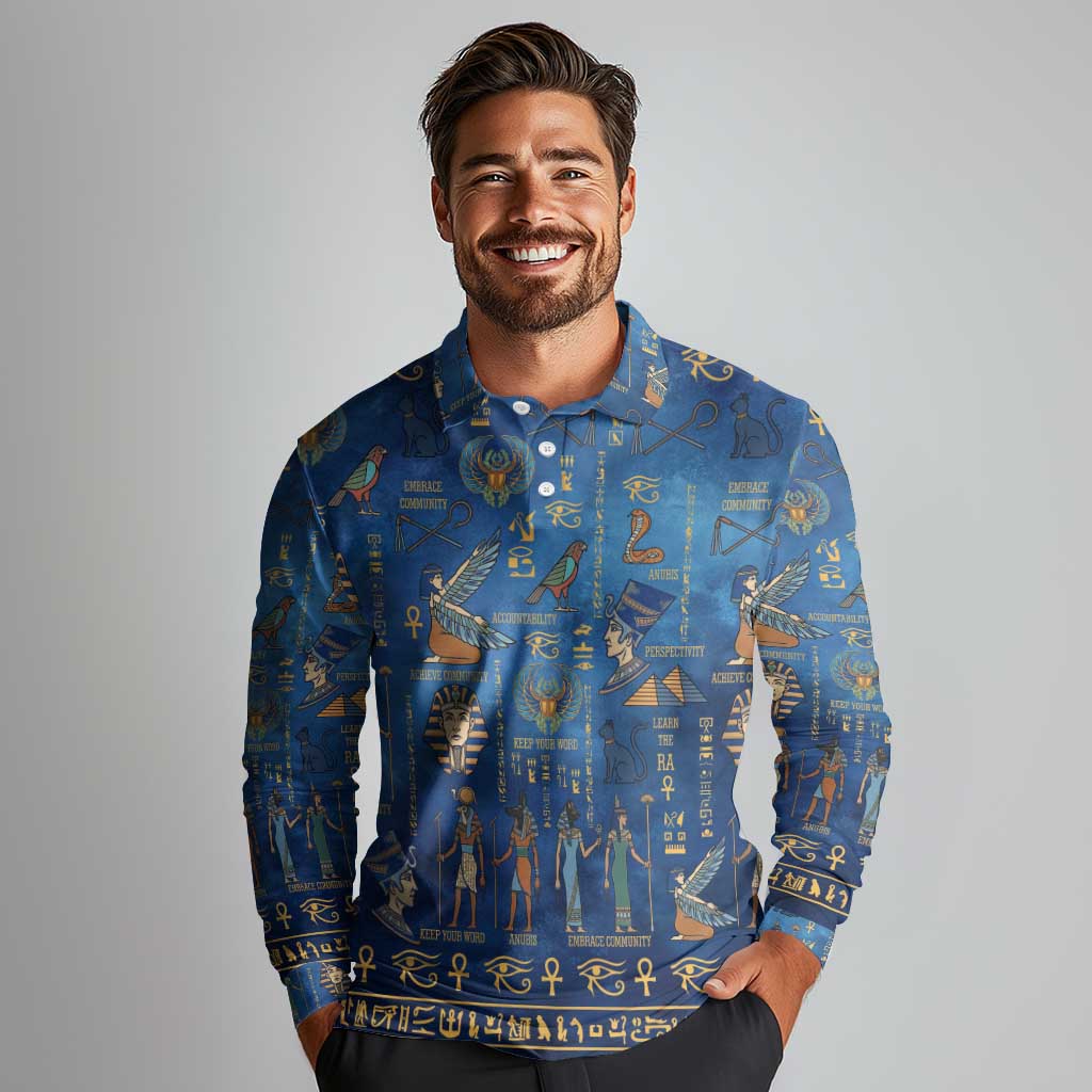 Echoes of Kemet Long Sleeve Polo Shirt African Pharaohs, Anubis and Symbolic Motifs - Wonder Print Shop