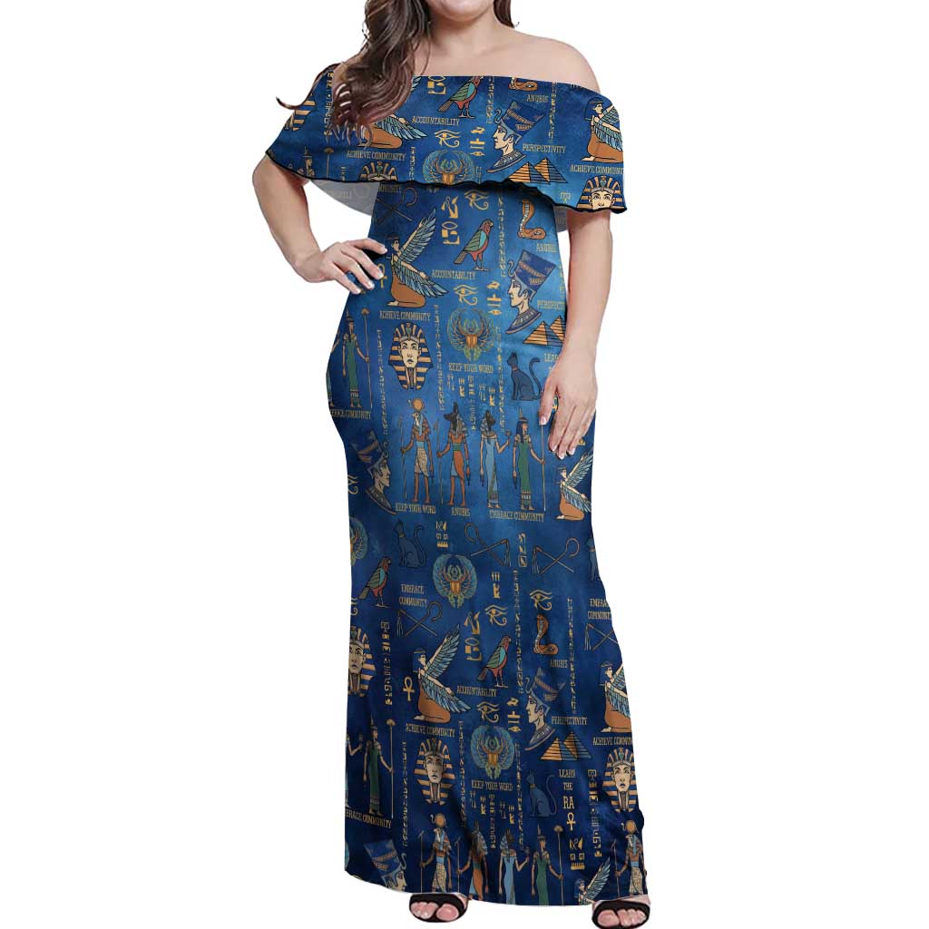 Echoes of Kemet Off Shoulder Maxi Dress African Pharaohs, Anubis and Symbolic Motifs - Wonder Print Shop
