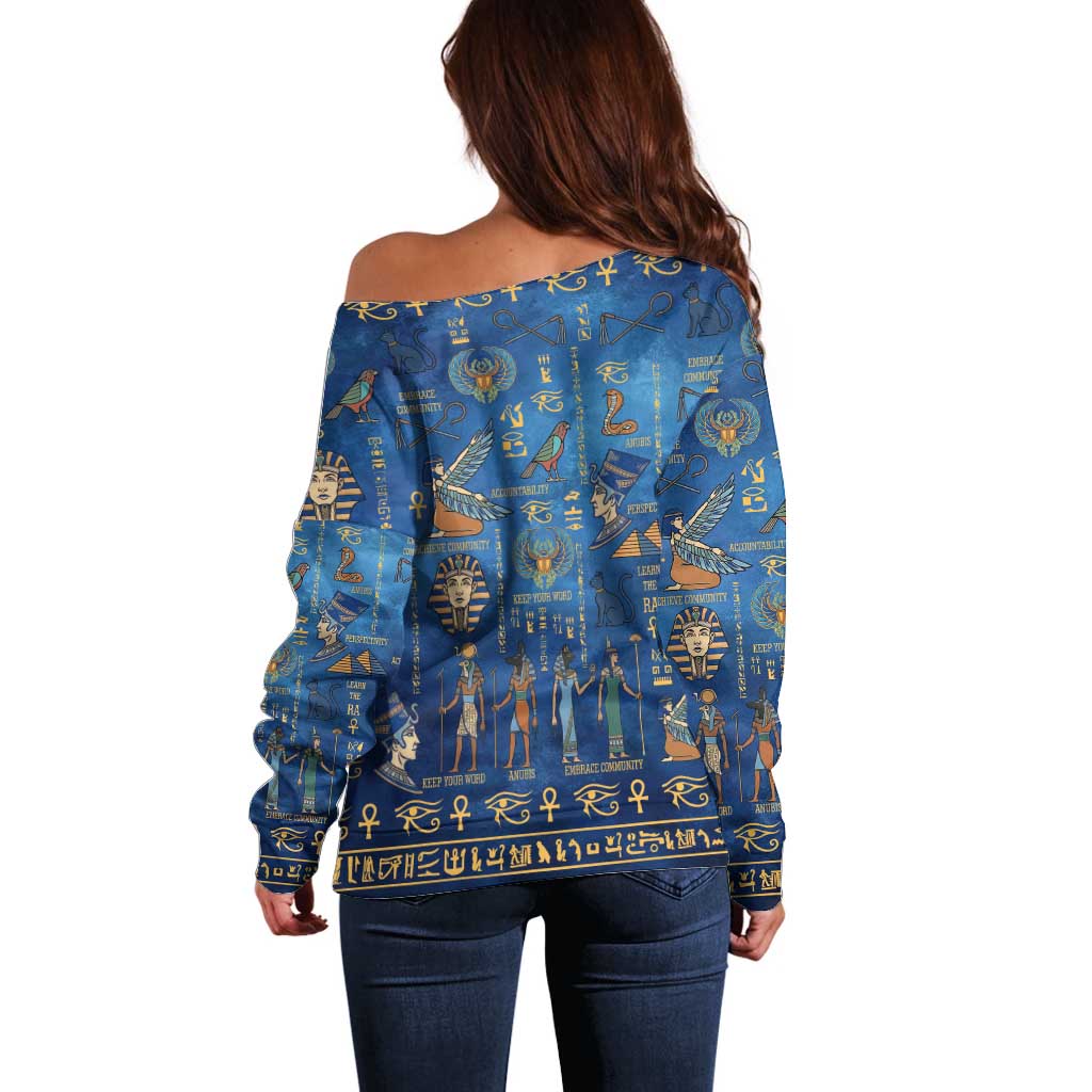 Echoes of Kemet Off Shoulder Sweater African Pharaohs, Anubis and Symbolic Motifs - Wonder Print Shop