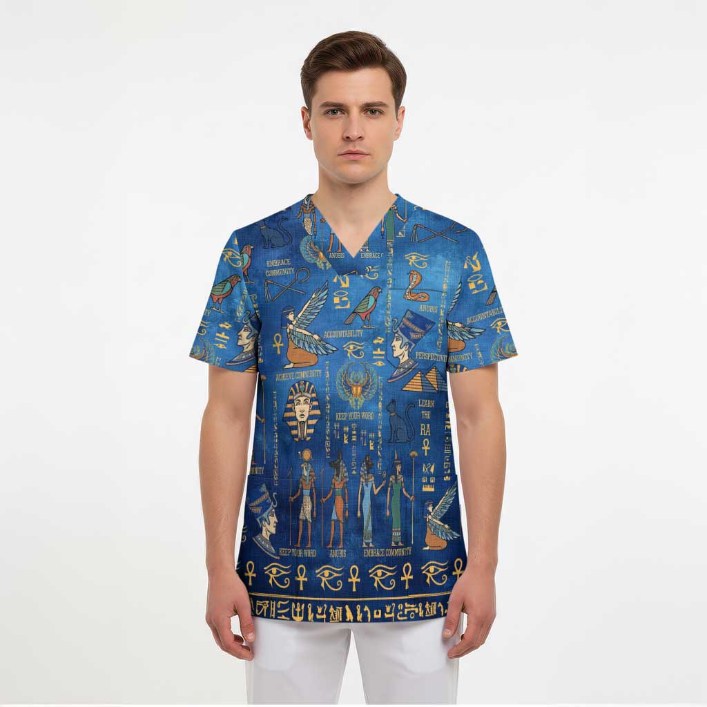 Echoes of Kemet Scrub Top African Pharaohs, Anubis and Symbolic Motifs - Wonder Print Shop
