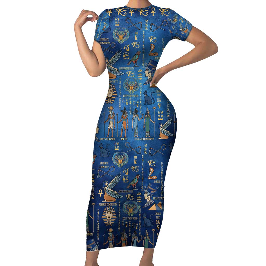 Echoes of Kemet Short Sleeve Bodycon Dress African Pharaohs, Anubis and Symbolic Motifs - Wonder Print Shop