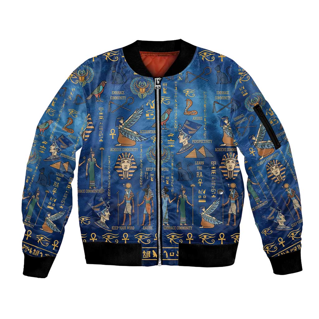 Echoes of Kemet Sleeve Zip Bomber Jacket African Pharaohs, Anubis and Symbolic Motifs - Wonder Print Shop