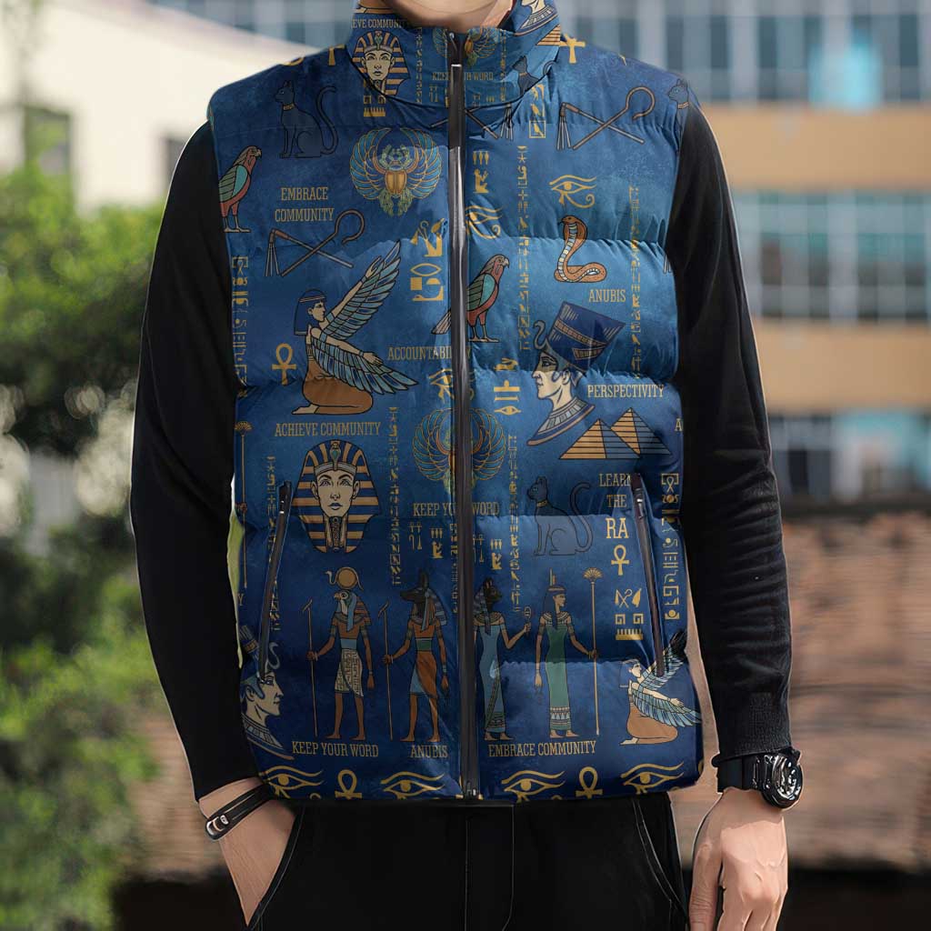 Echoes of Kemet Sleeveless Puffer Jacket African Pharaohs, Anubis and Symbolic Motifs - Wonder Print Shop