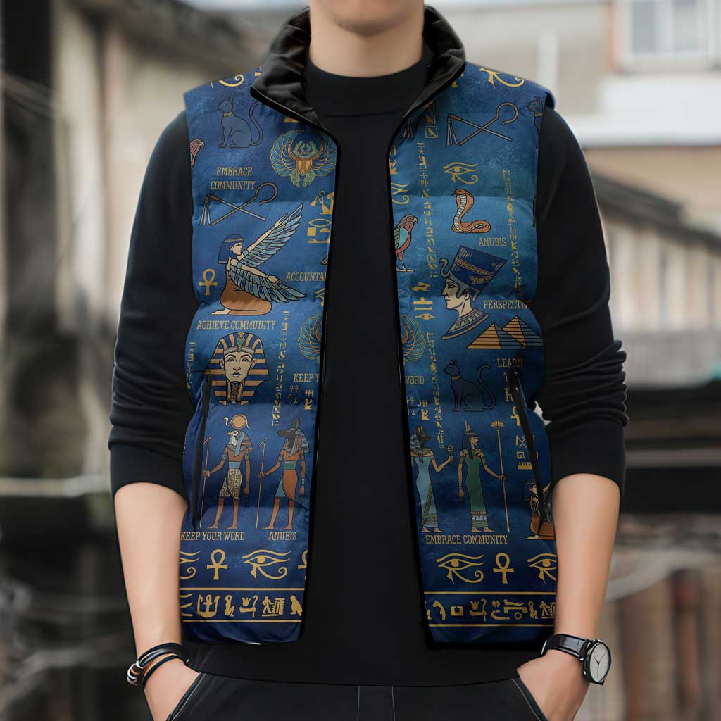 Echoes of Kemet Sleeveless Puffer Jacket African Pharaohs, Anubis and Symbolic Motifs - Wonder Print Shop