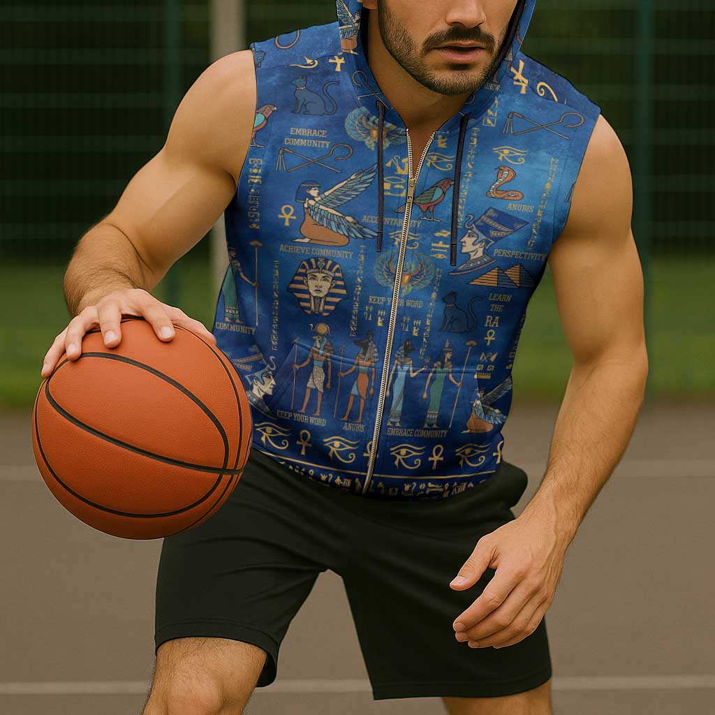 Echoes of Kemet Sleeveless Zip Hoodie African Pharaohs, Anubis and Symbolic Motifs - Wonder Print Shop