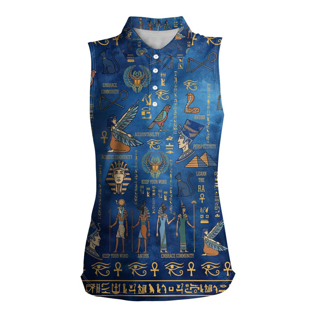 Echoes of Kemet Women Sleeveless Polo Shirt African Pharaohs, Anubis and Symbolic Motifs - Wonder Print Shop