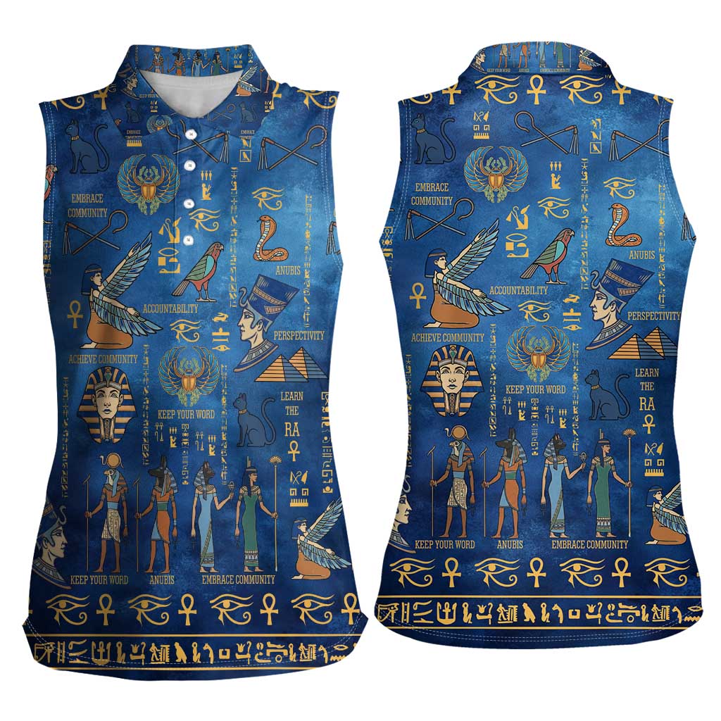 Echoes of Kemet Women Sleeveless Polo Shirt African Pharaohs, Anubis and Symbolic Motifs - Wonder Print Shop