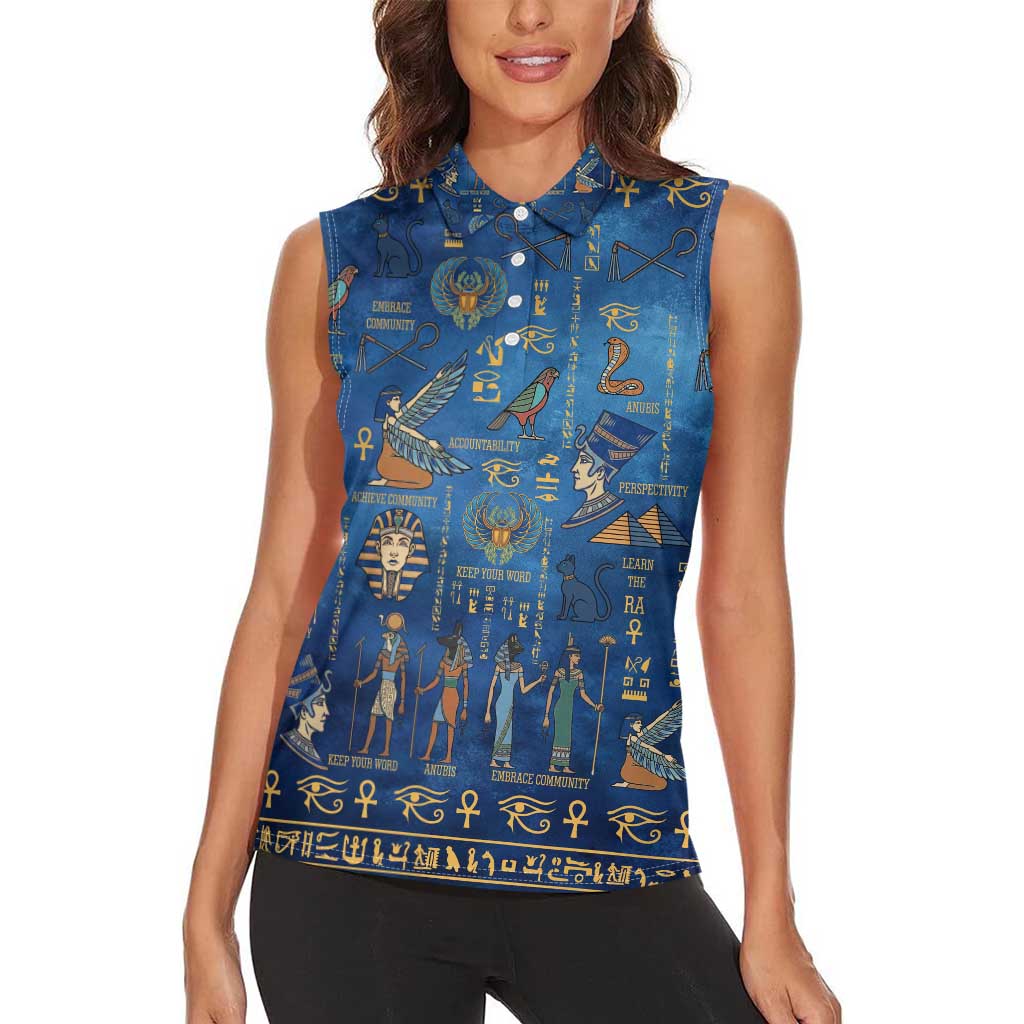 Echoes of Kemet Women Sleeveless Polo Shirt African Pharaohs, Anubis and Symbolic Motifs - Wonder Print Shop