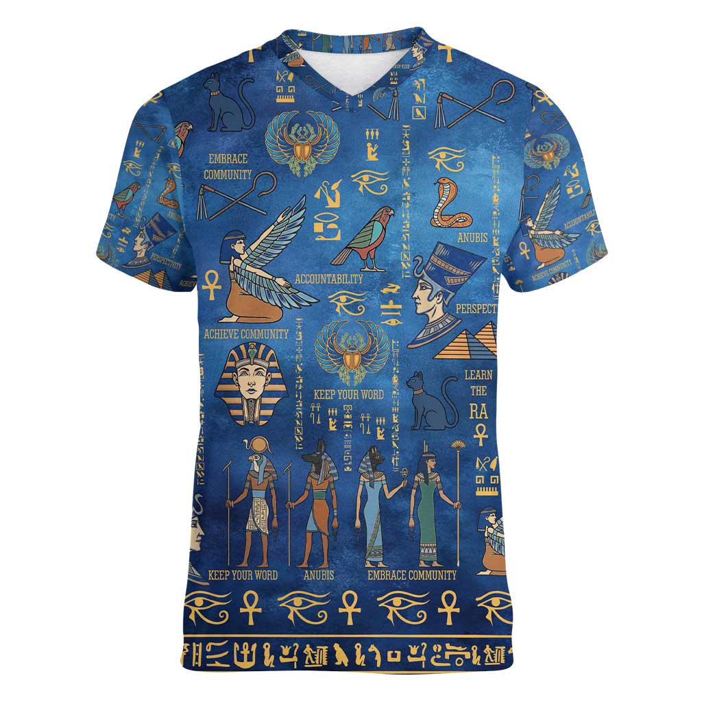 Echoes of Kemet Women V-Neck T-Shirt African Pharaohs, Anubis and Symbolic Motifs - Wonder Print Shop