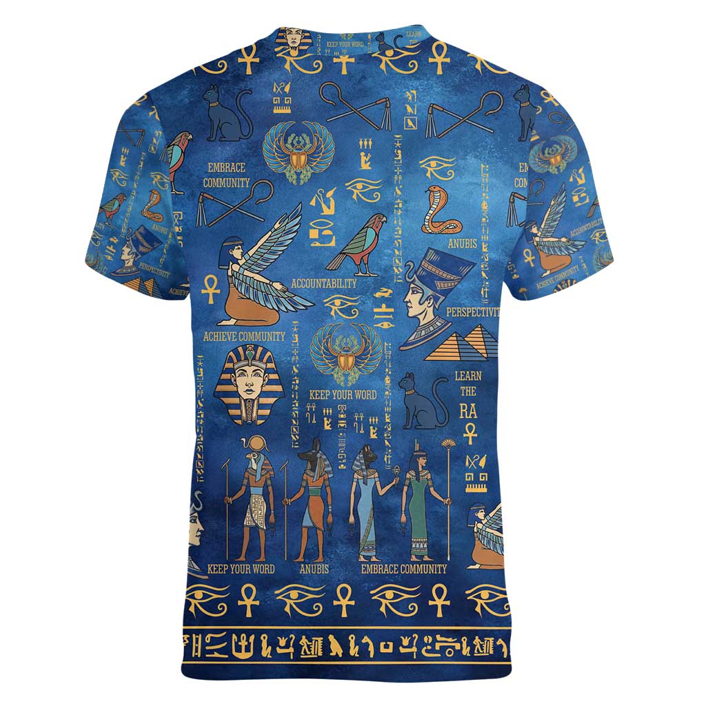 Echoes of Kemet Women V-Neck T-Shirt African Pharaohs, Anubis and Symbolic Motifs - Wonder Print Shop