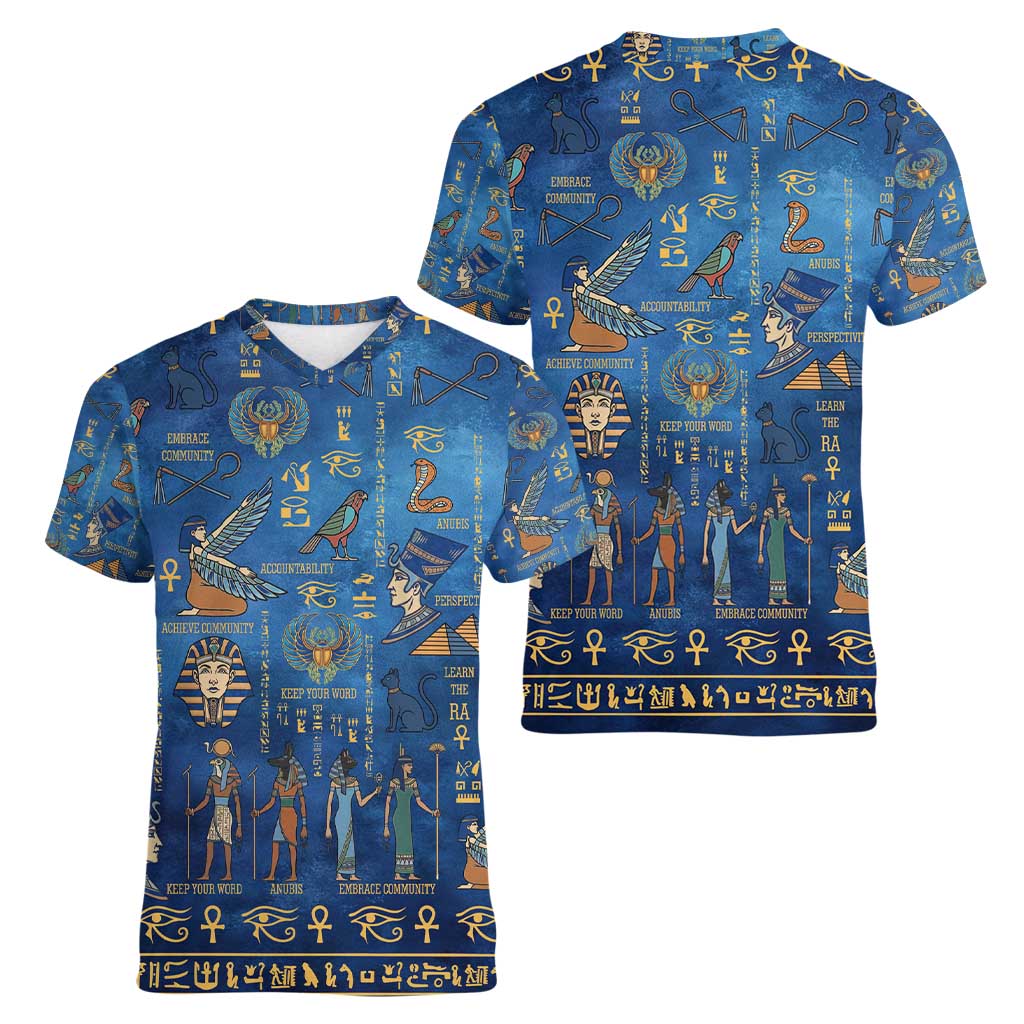 Echoes of Kemet Women V-Neck T-Shirt African Pharaohs, Anubis and Symbolic Motifs - Wonder Print Shop