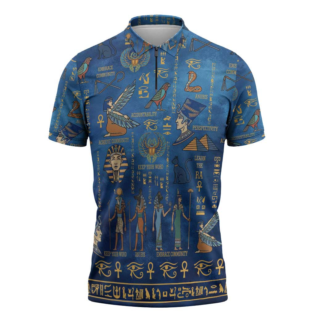 Echoes of Kemet Zipper Polo Shirt African Pharaohs, Anubis and Symbolic Motifs - Wonder Print Shop