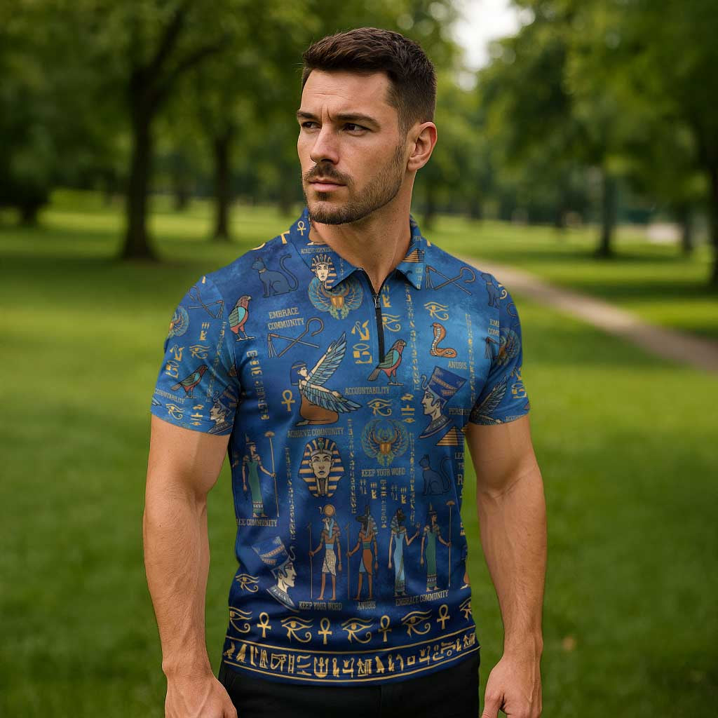 Echoes of Kemet Zipper Polo Shirt African Pharaohs, Anubis and Symbolic Motifs - Wonder Print Shop