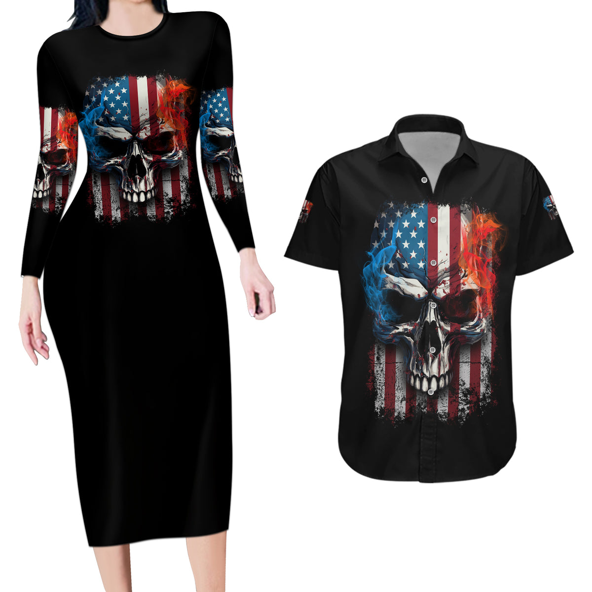 I Have Three Sides Skull Flag Couples Matching Long Sleeve Bodycon Dress and Hawaiian Shirt - Wonder Print Shop