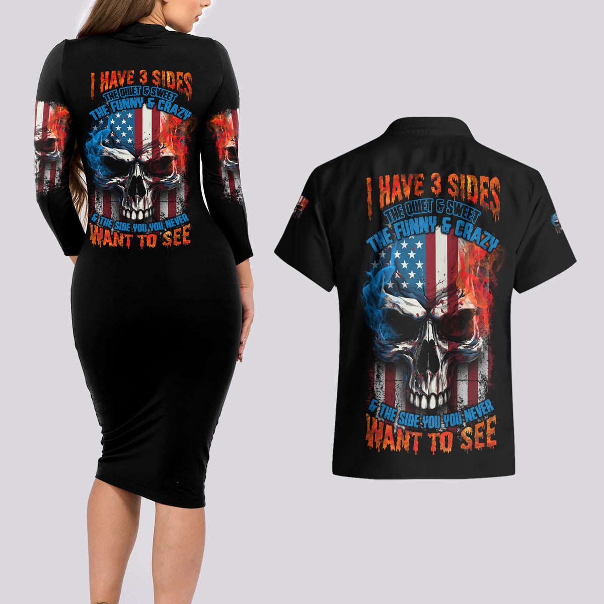 I Have Three Sides Skull Flag Couples Matching Long Sleeve Bodycon Dress and Hawaiian Shirt - Wonder Print Shop