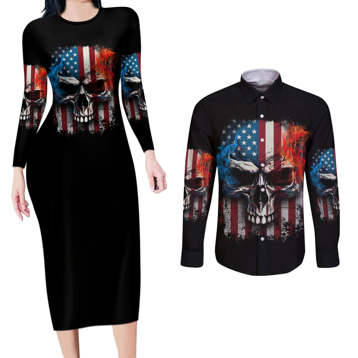 I Have Three Sides Skull Flag Couples Matching Long Sleeve Bodycon Dress and Long Sleeve Button Shirt - Wonder Print Shop