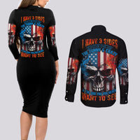 I Have Three Sides Skull Flag Couples Matching Long Sleeve Bodycon Dress and Long Sleeve Button Shirt - Wonder Print Shop