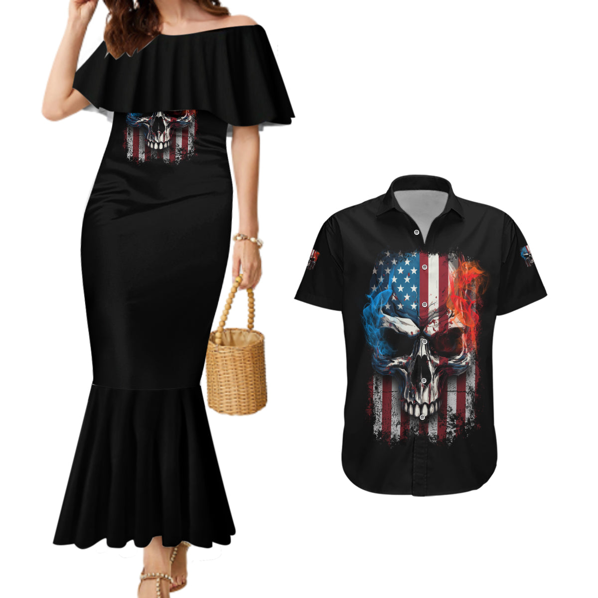 I Have Three Sides Skull Flag Couples Matching Mermaid Dress and Hawaiian Shirt - Wonder Print Shop