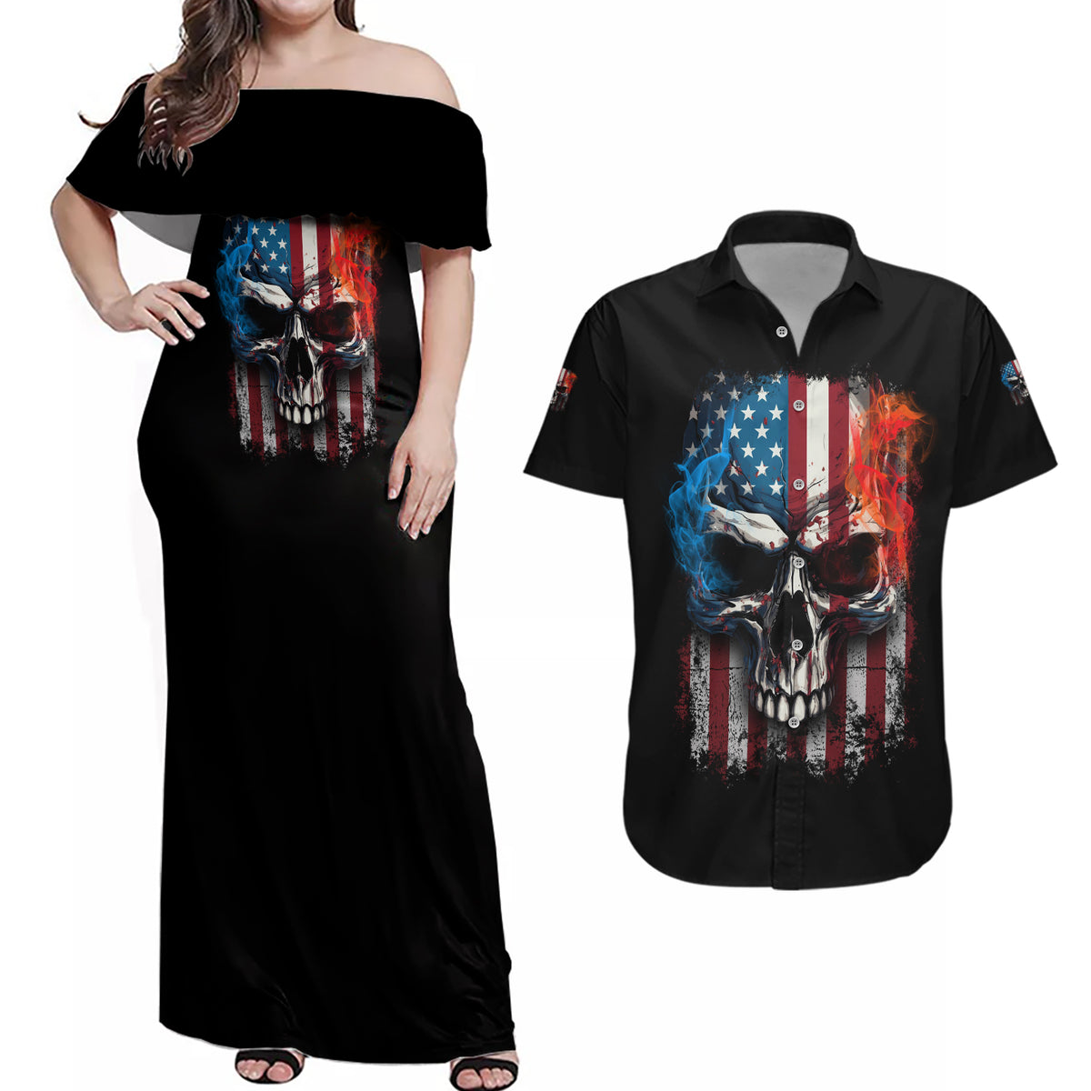 I Have Three Sides Skull Flag Couples Matching Off Shoulder Maxi Dress and Hawaiian Shirt - Wonder Print Shop