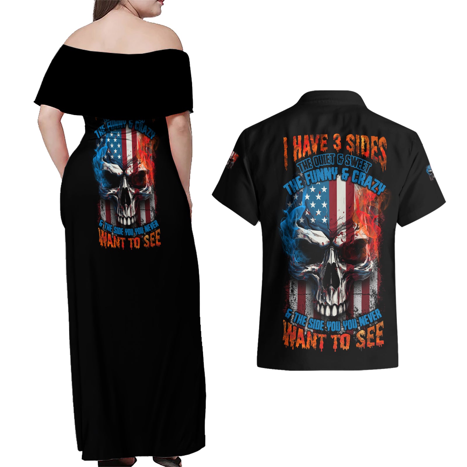 I Have Three Sides Skull Flag Couples Matching Off Shoulder Maxi Dress and Hawaiian Shirt - Wonder Print Shop