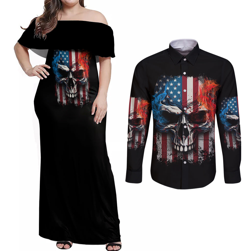 I Have Three Sides Skull Flag Couples Matching Off Shoulder Maxi Dress and Long Sleeve Button Shirt - Wonder Print Shop