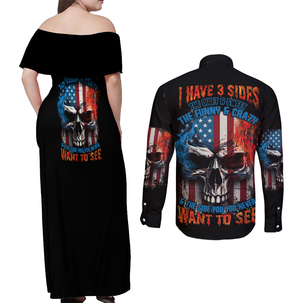 I Have Three Sides Skull Flag Couples Matching Off Shoulder Maxi Dress and Long Sleeve Button Shirt - Wonder Print Shop