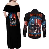 I Have Three Sides Skull Flag Couples Matching Off Shoulder Maxi Dress and Long Sleeve Button Shirt - Wonder Print Shop