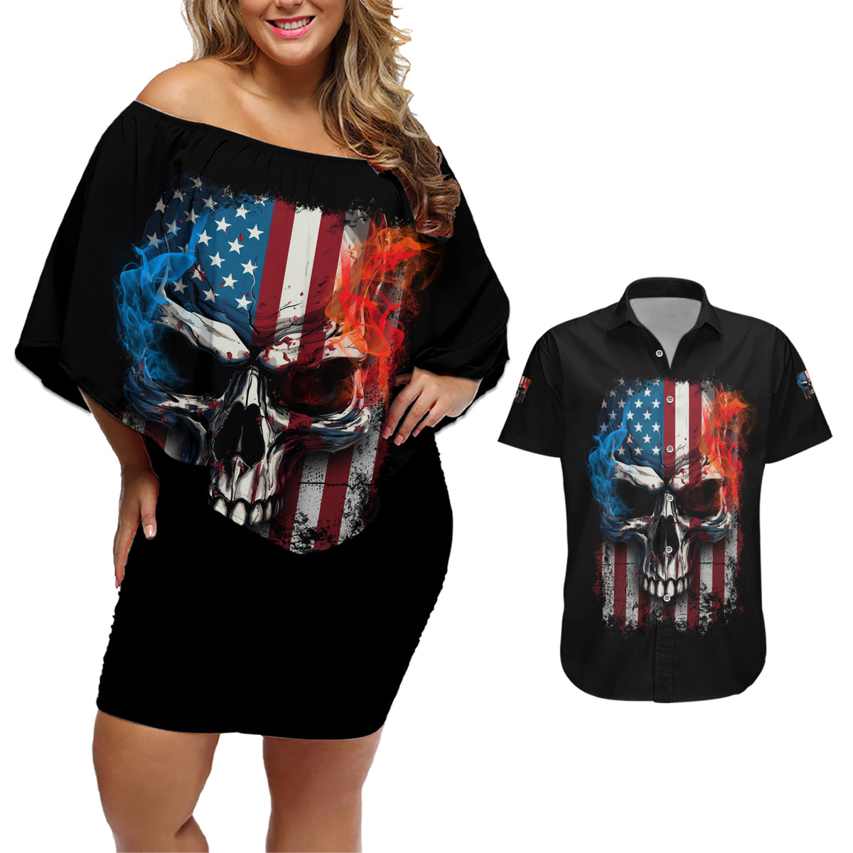 I Have Three Sides Skull Flag Couples Matching Off Shoulder Short Dress and Hawaiian Shirt - Wonder Print Shop
