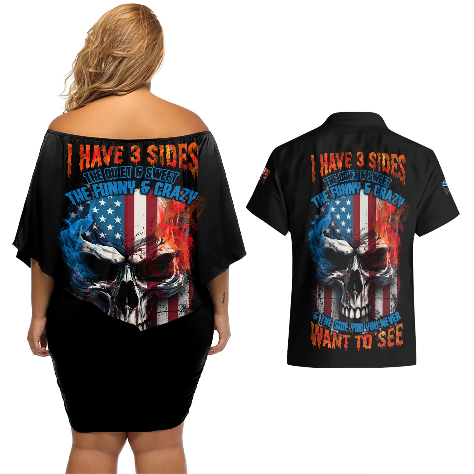 I Have Three Sides Skull Flag Couples Matching Off Shoulder Short Dress and Hawaiian Shirt - Wonder Print Shop