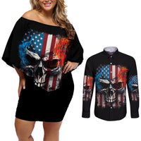 I Have Three Sides Skull Flag Couples Matching Off Shoulder Short Dress and Long Sleeve Button Shirt - Wonder Print Shop