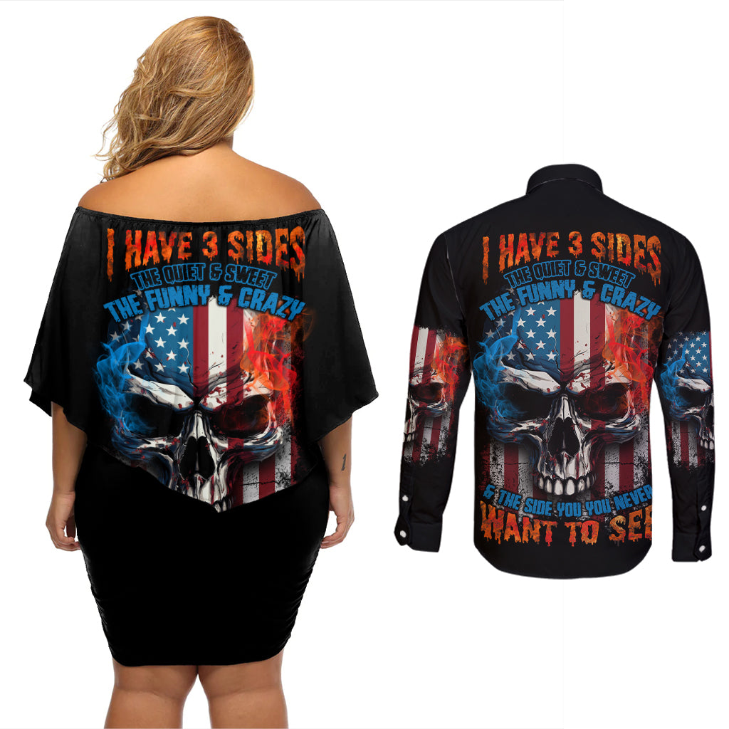 I Have Three Sides Skull Flag Couples Matching Off Shoulder Short Dress and Long Sleeve Button Shirt - Wonder Print Shop