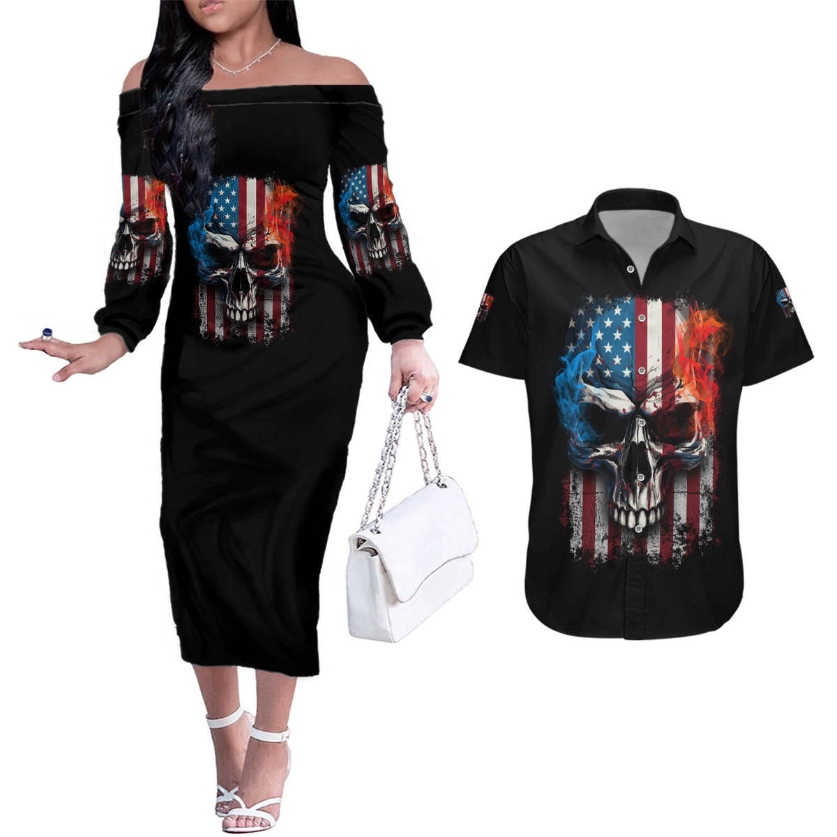 I Have Three Sides Skull Flag Couples Matching Off The Shoulder Long Sleeve Dress and Hawaiian Shirt - Wonder Print Shop