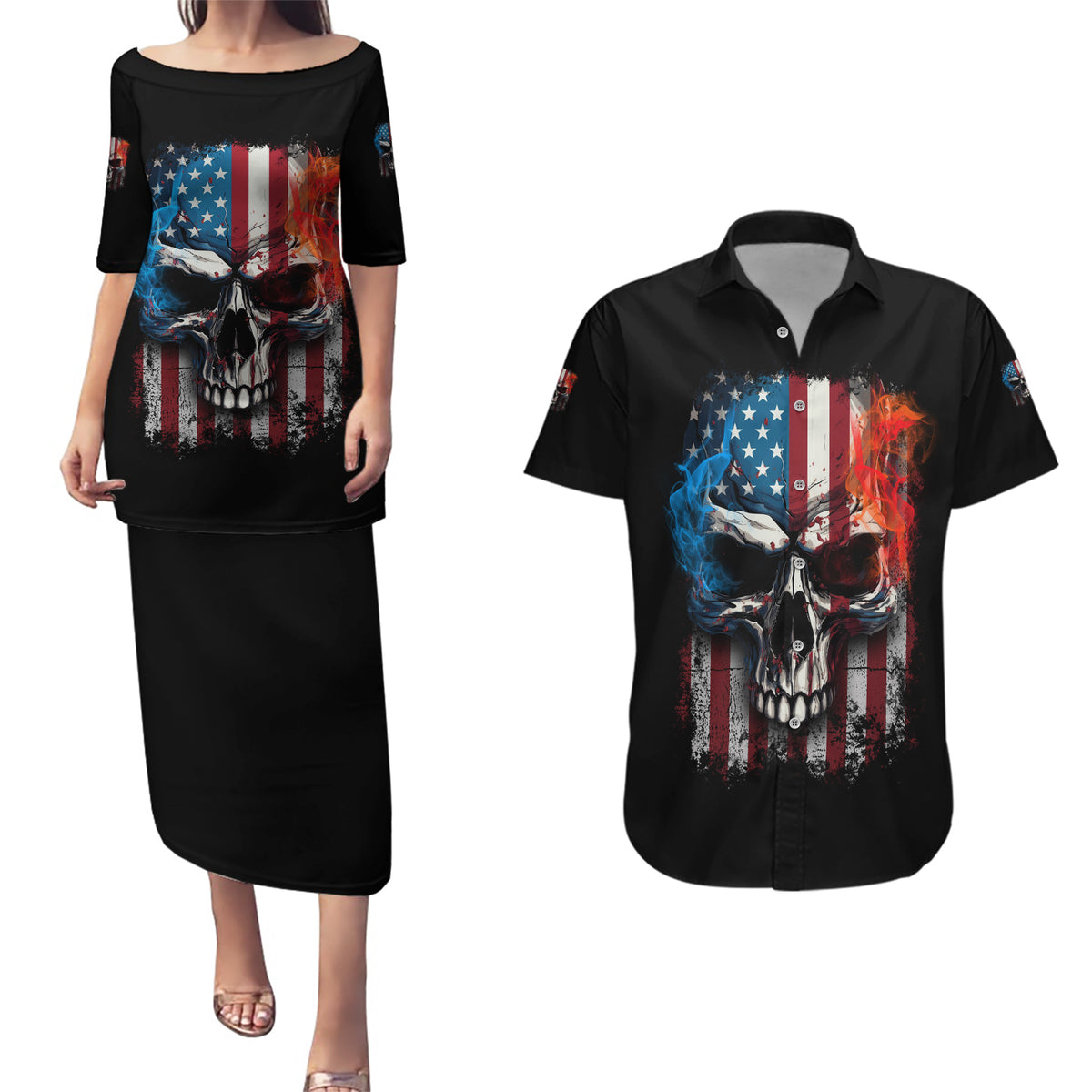 I Have Three Sides Skull Flag Couples Matching Puletasi Dress and Hawaiian Shirt - Wonder Print Shop