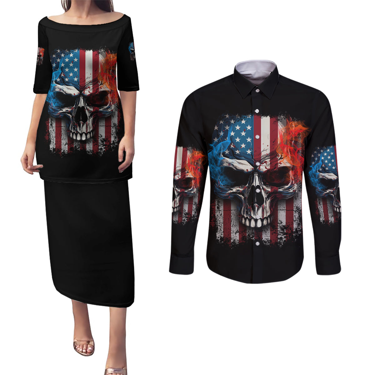 I Have Three Sides Skull Flag Couples Matching Puletasi Dress and Long Sleeve Button Shirt - Wonder Print Shop