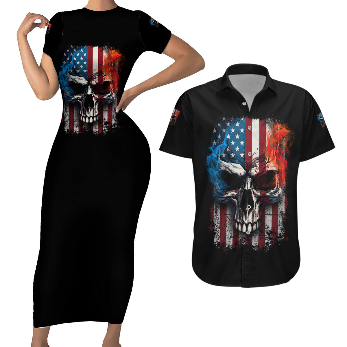 I Have Three Sides Skull Flag Couples Matching Short Sleeve Bodycon Dress and Hawaiian Shirt - Wonder Print Shop