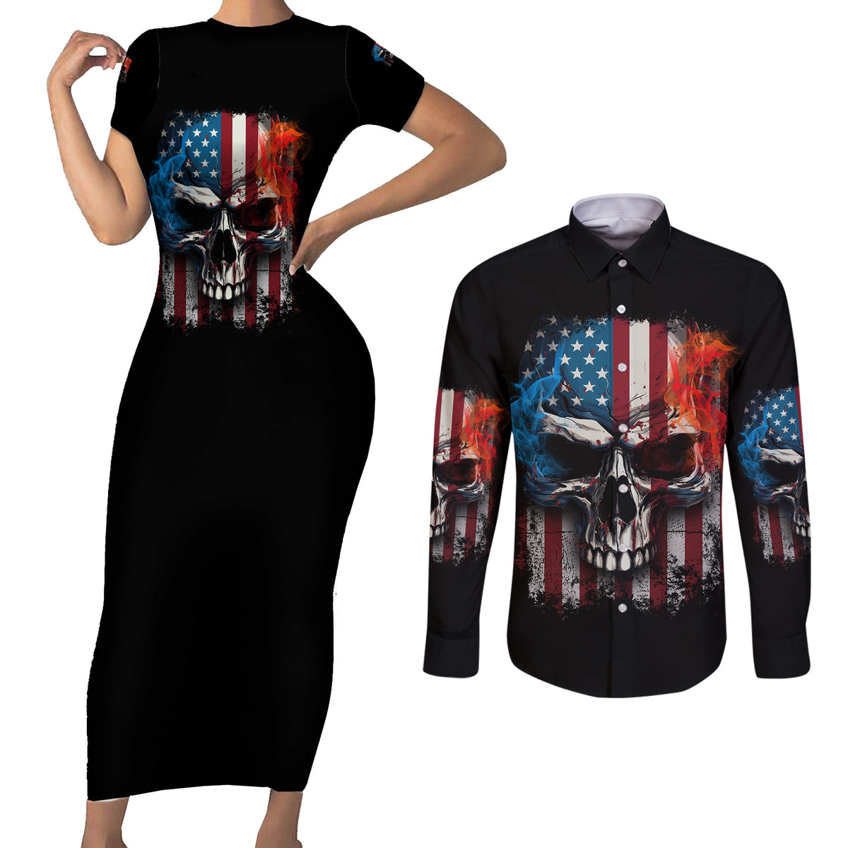 I Have Three Sides Skull Flag Couples Matching Short Sleeve Bodycon Dress and Long Sleeve Button Shirt - Wonder Print Shop
